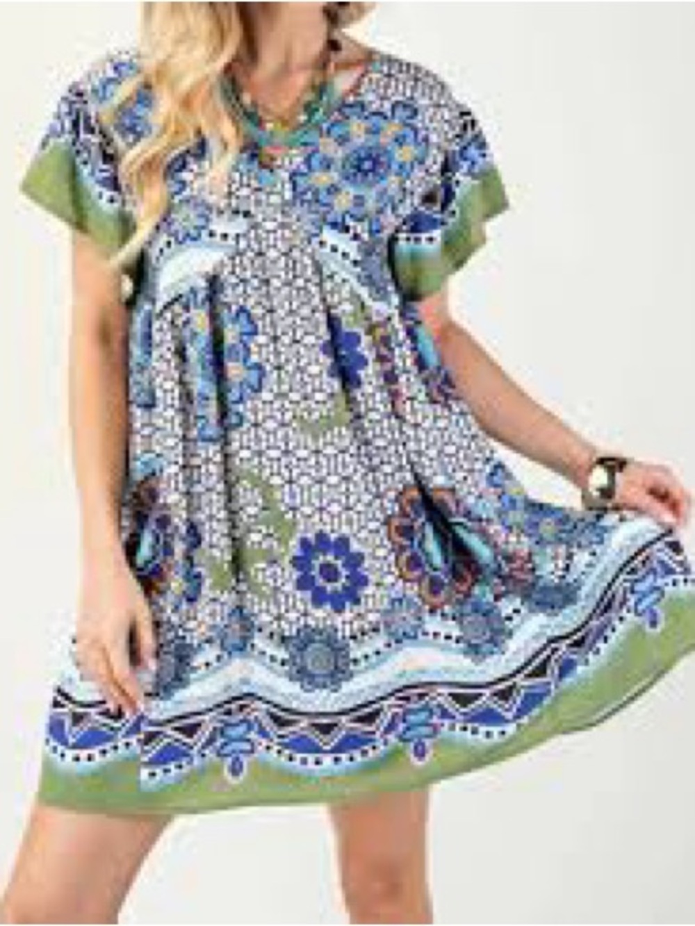Boho Blue & Green Floral Mini Dress